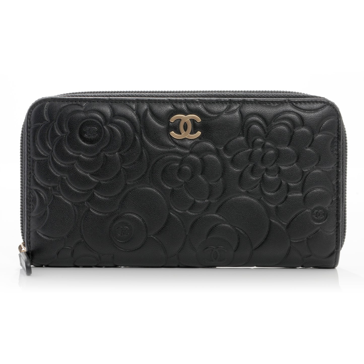 Lambskin Camellia Embossed Large Zip Around Gusset Wallet Black