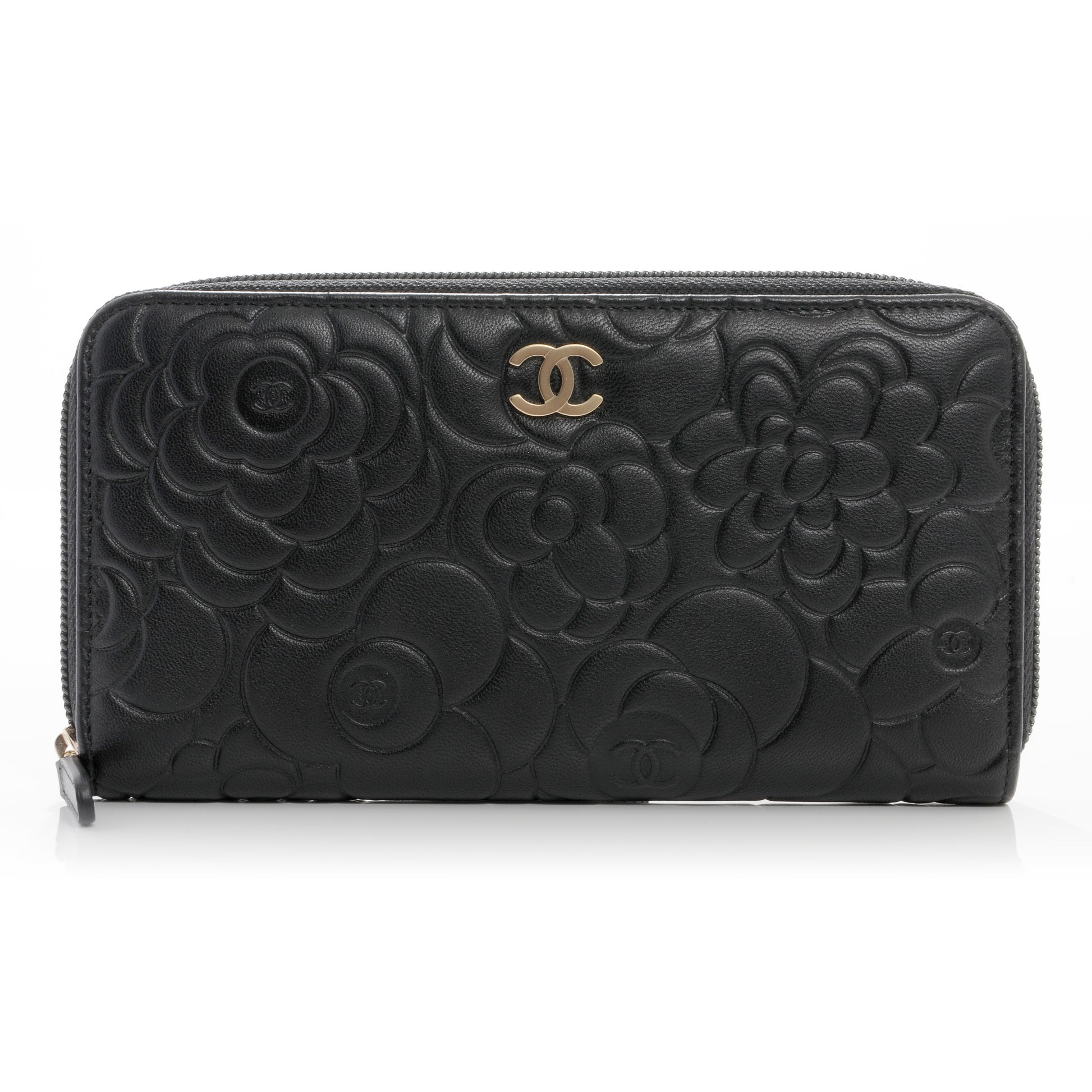 Chanel Lambskin Camellia Embossed Large Zip Around Gusset Wallet Black 1 of 8