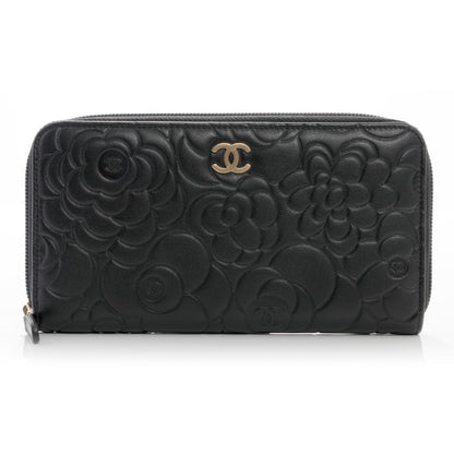 Chanel Lambskin Camellia Embossed Large Zip Around Gusset Wallet Black 1 of 8