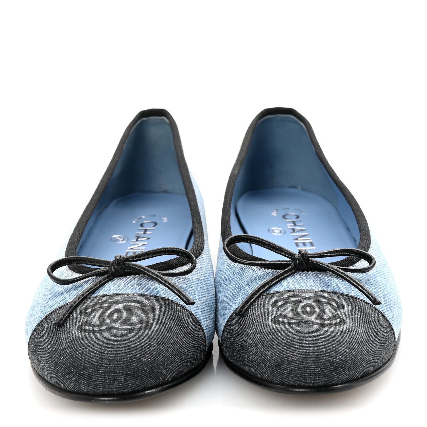 Chanel Denim Printed Quilt CC Cap Toe Ballerina Flats 38 Light Blue Dark Grey 3 of 10
