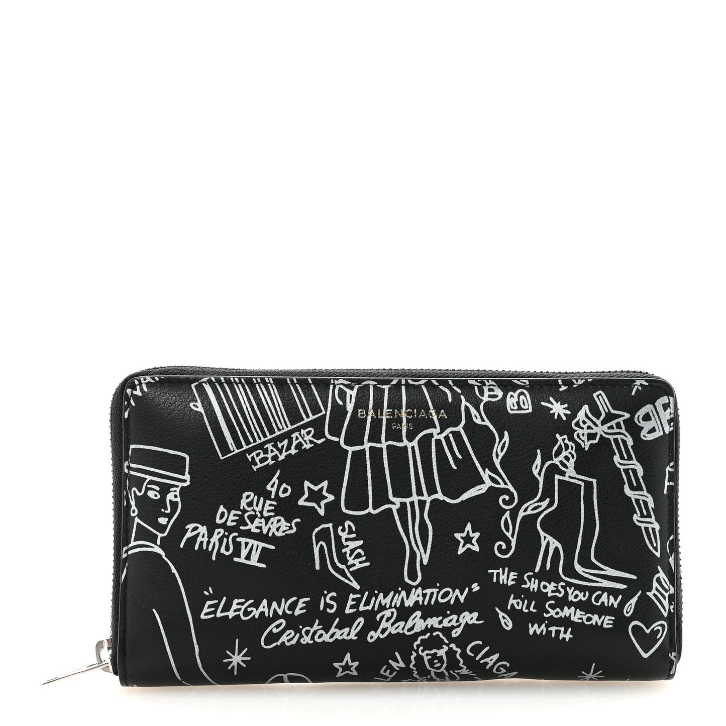 Calfskin Classic Silver Hardware Printed Tattoo Everyday Continental Zip Around Wallet Black