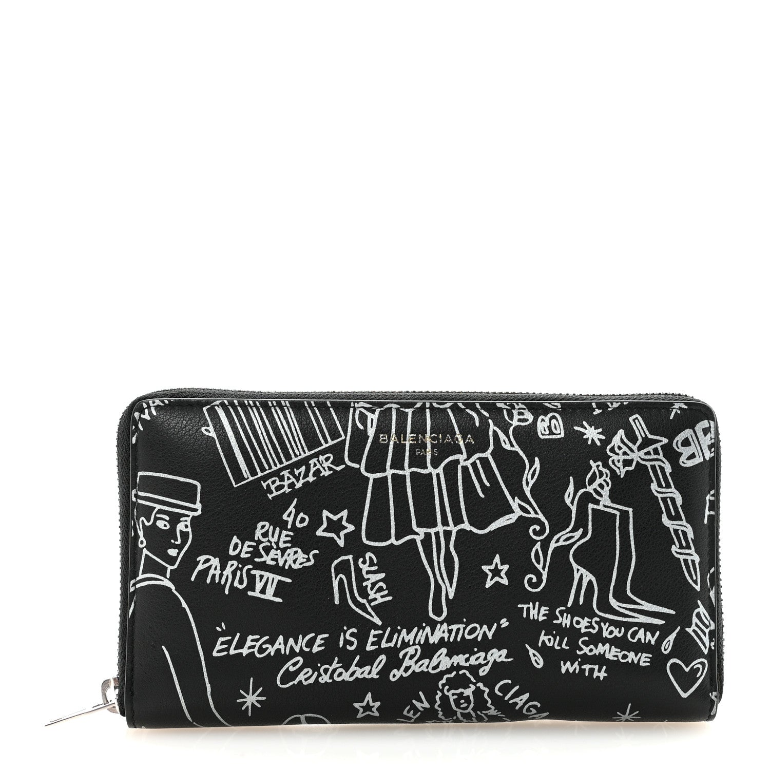 Balenciaga Calfskin Classic Silver Hardware Printed Tattoo Everyday Continental Zip Around Wallet Black 1 of 7