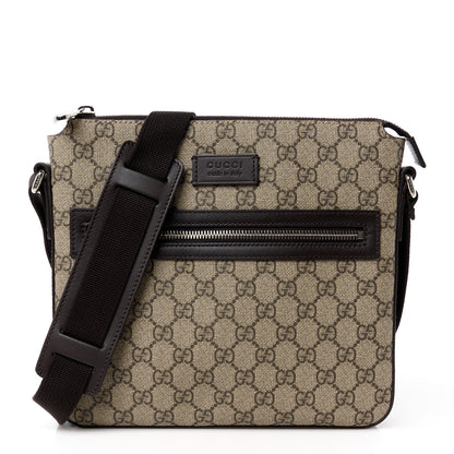 Gucci GG Supreme Monogram Selleria Calfskin Small Flat Side Zip Messenger Bag Beige Ebony Cocoa Dark Chocolate 1 of 12