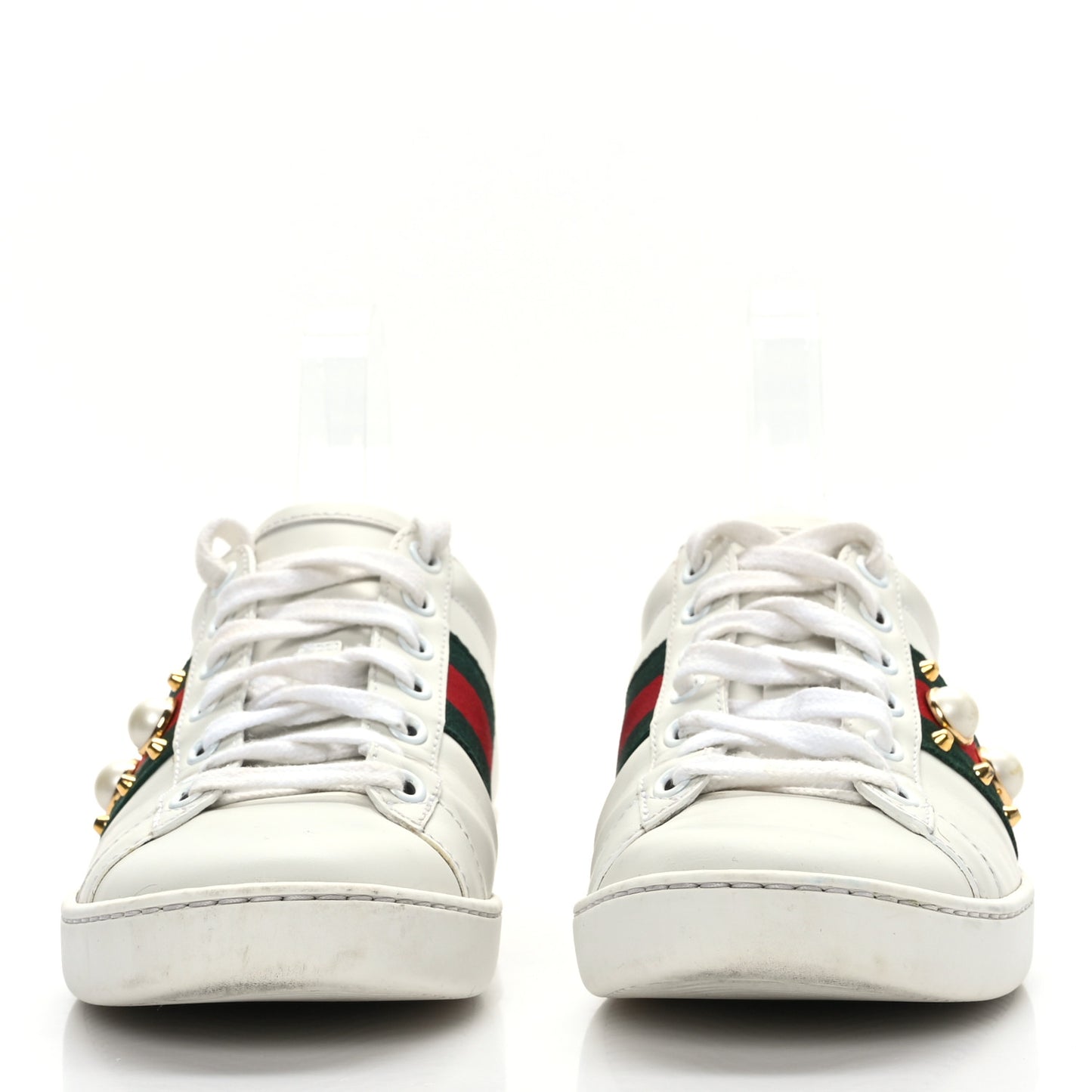 Calfskin Web Pearl Studded Womens Ace Sneakers 35.5 White