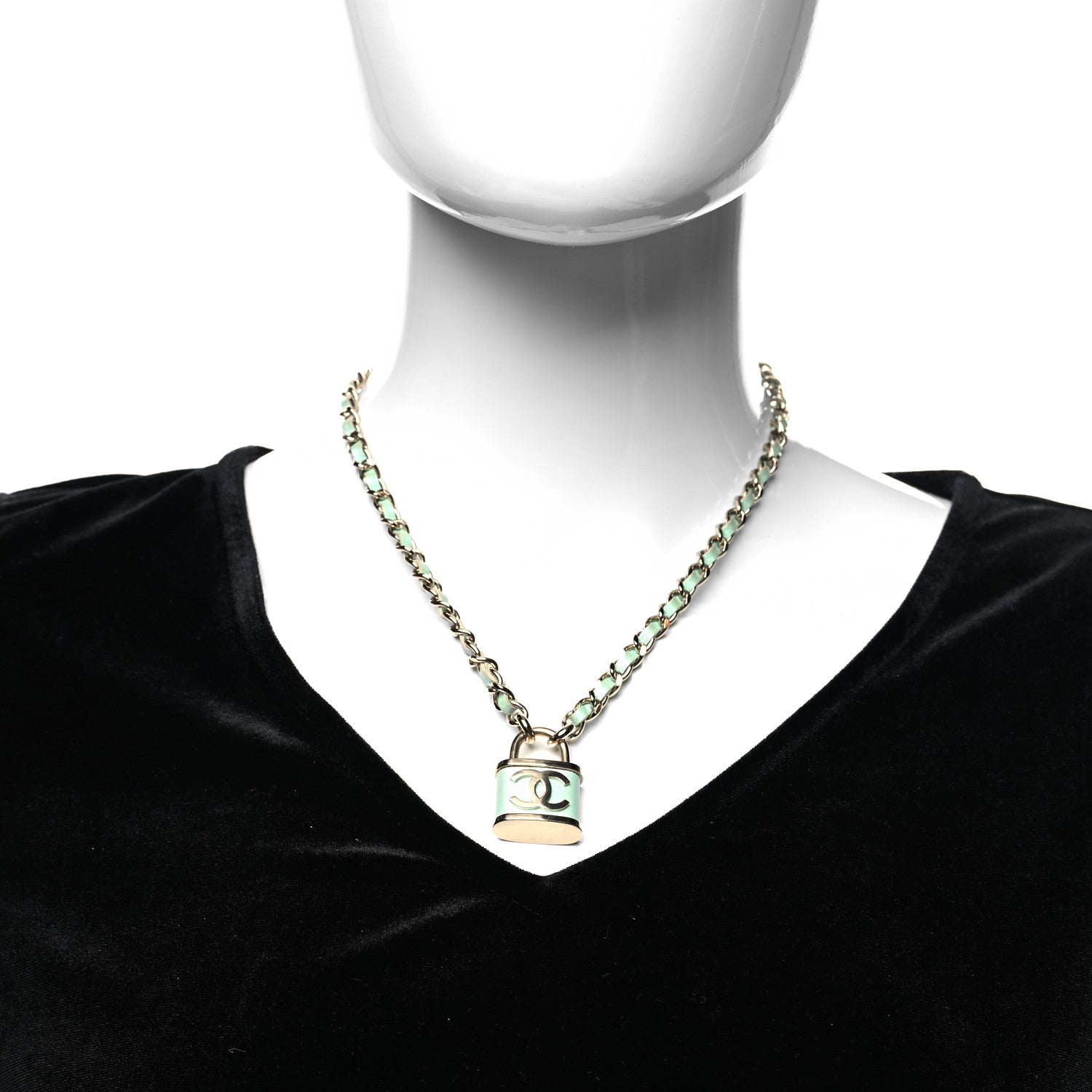Chanel Calfskin Metal Padlock Necklace Gold Iridescent Blue 3 of 5