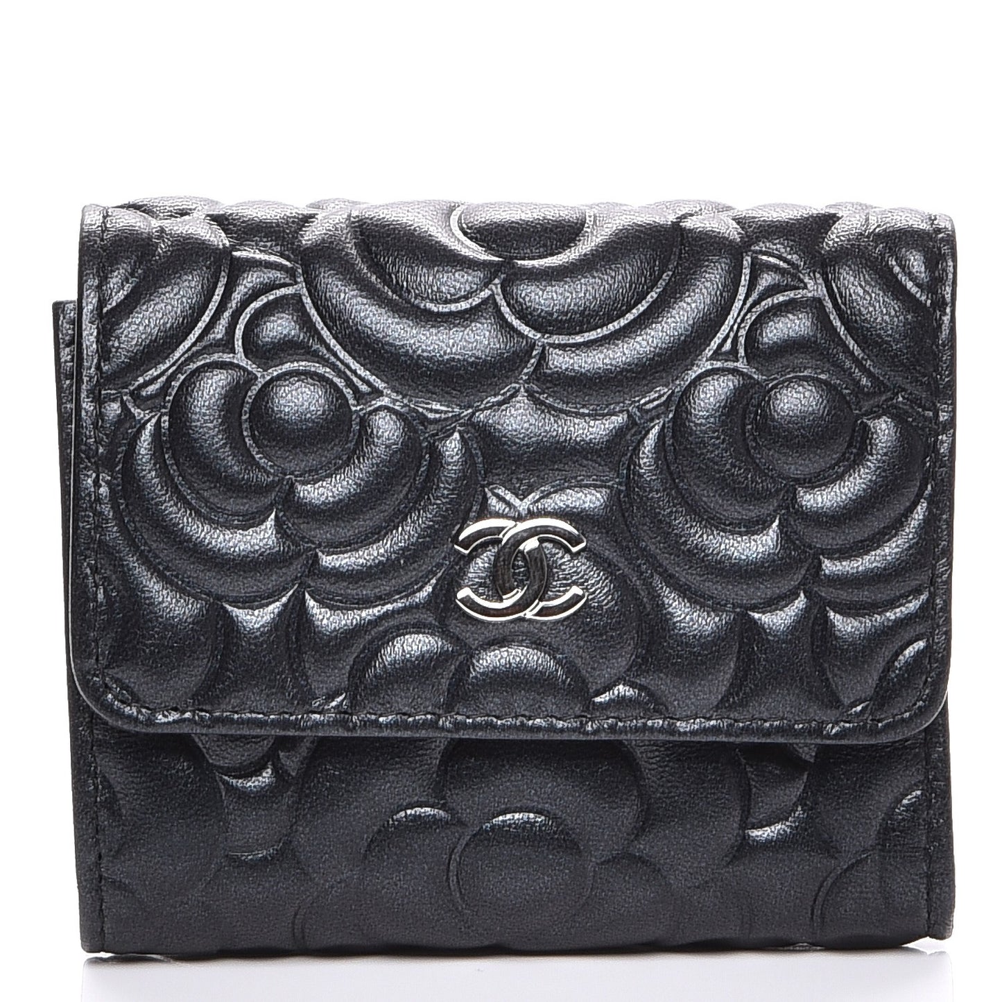 Lambskin Camellia Embossed Small Double Wallet Black