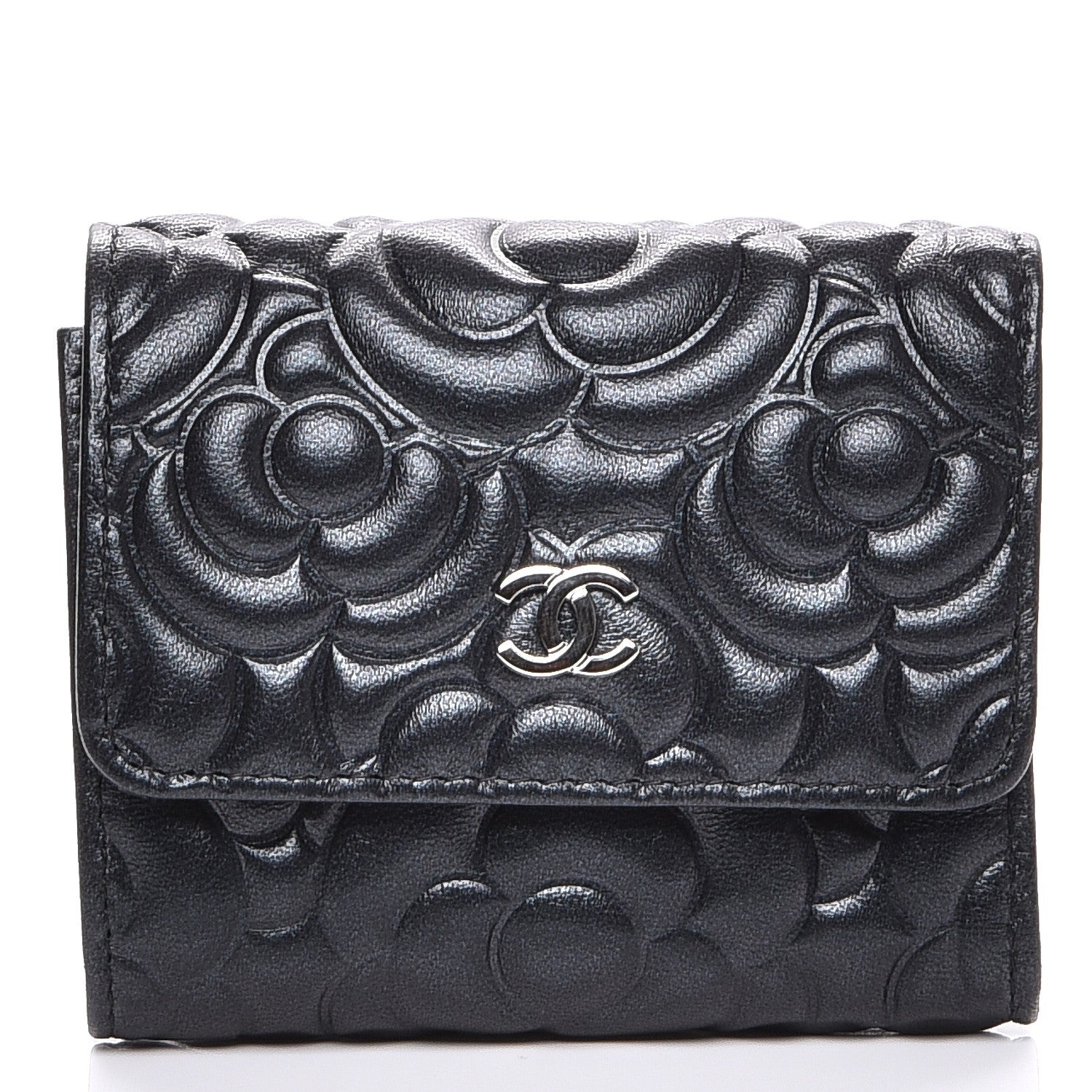 Chanel Lambskin Camellia Embossed Small Double Wallet Black 1 of 8