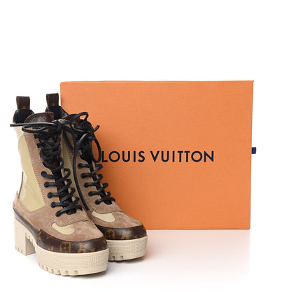 Louis Vuitton Suede Calfskin Monogram Laureate Platform Desert Boots 35 Beige 9 of 9