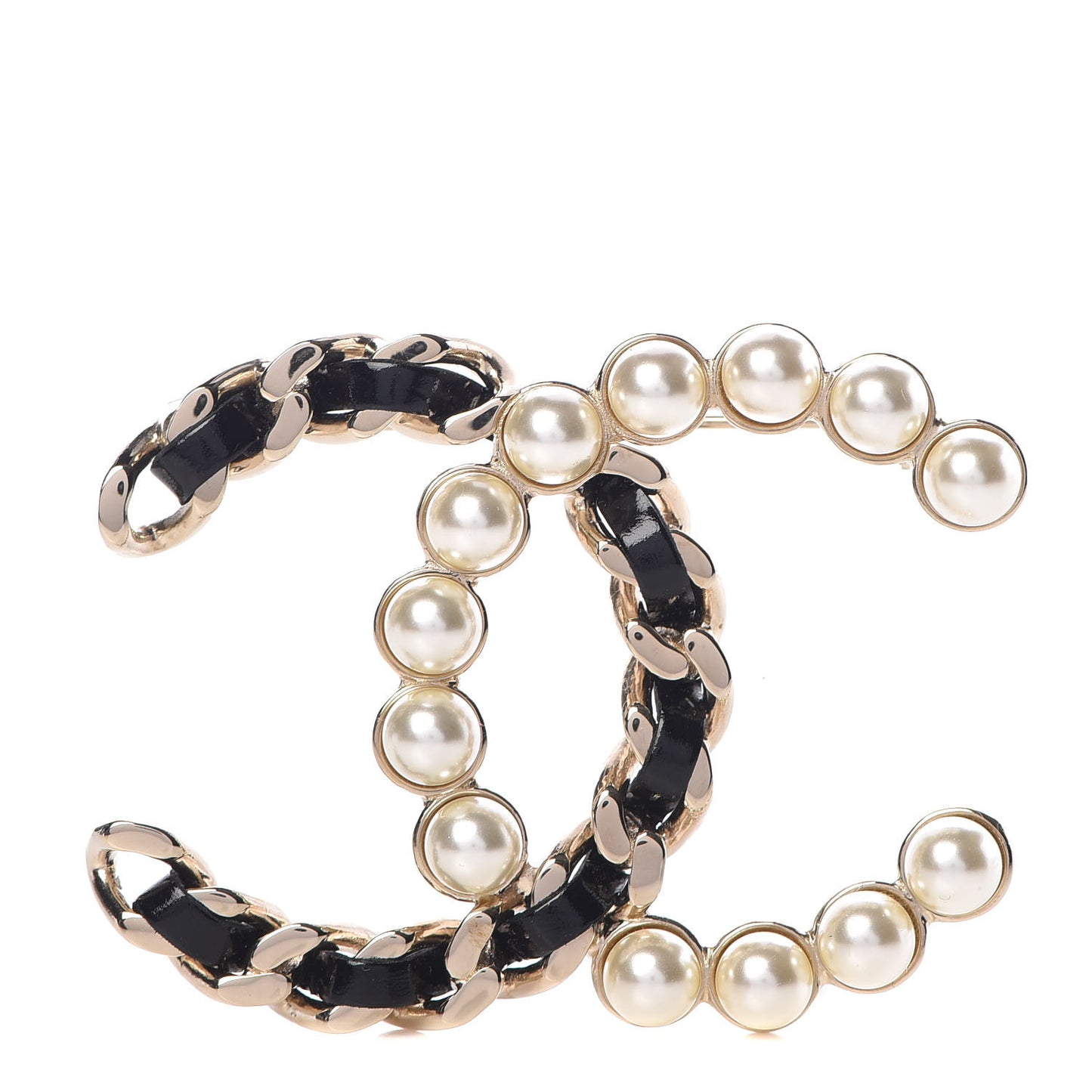 Lambskin Pearl CC Chain Brooch Black Gold