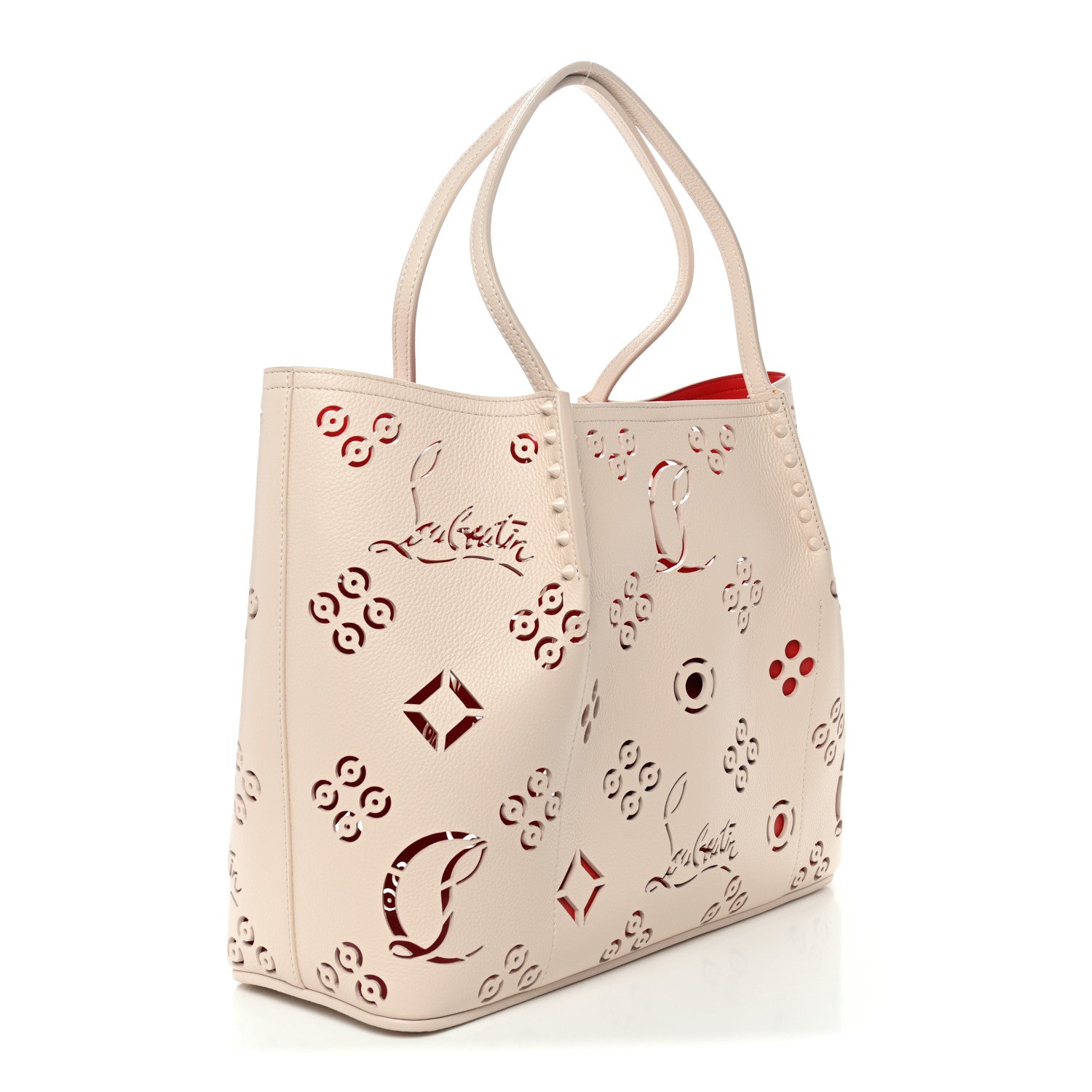 Christian Louboutin Calfskin Perforated Loubinthesky Spikes Large Cabarock Tote Leche 3 of 13
