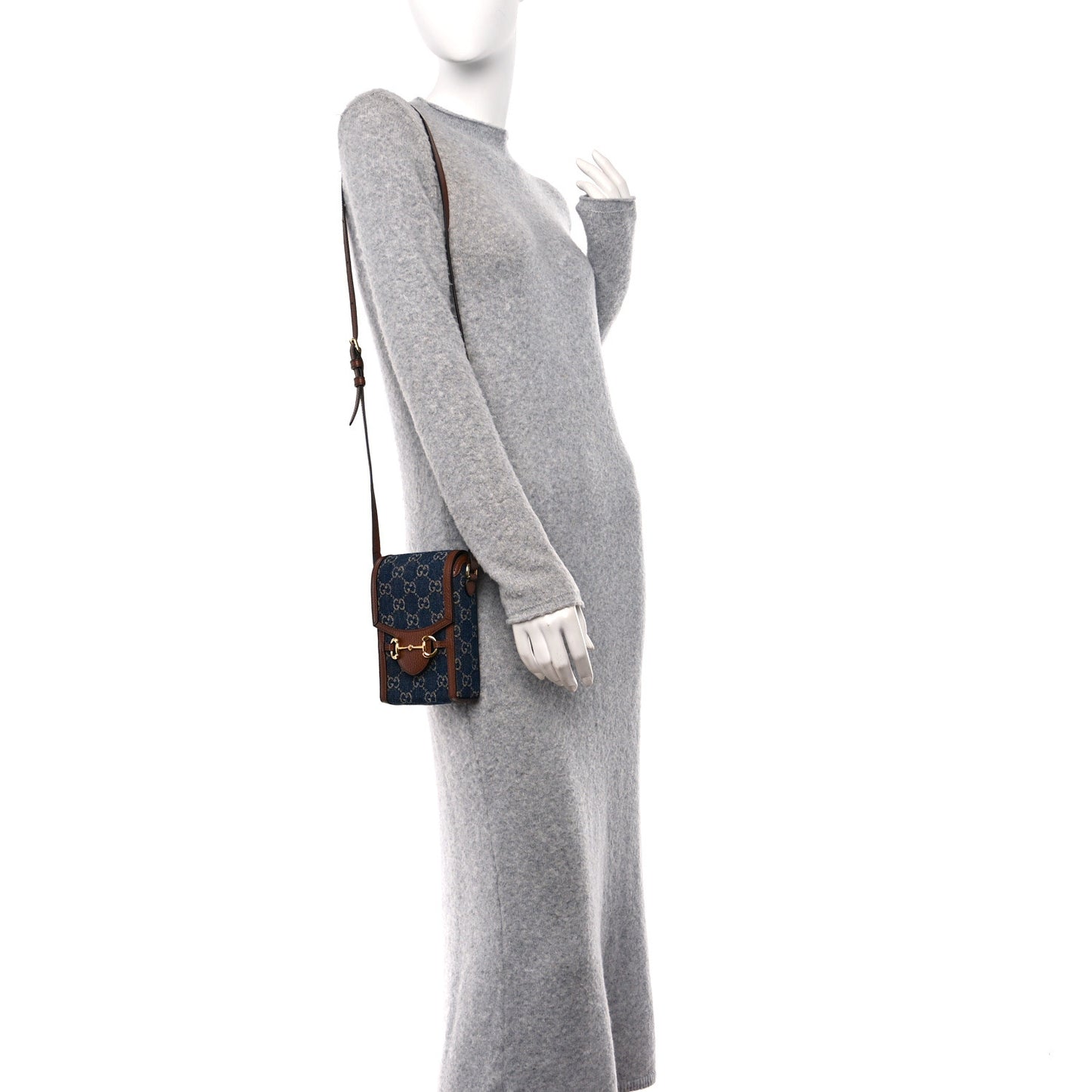 New Denim GG Monogram Dollar Calfskin Mini Horsebit 1955 Crossbody Bag Blue Tea Cuir Epilog