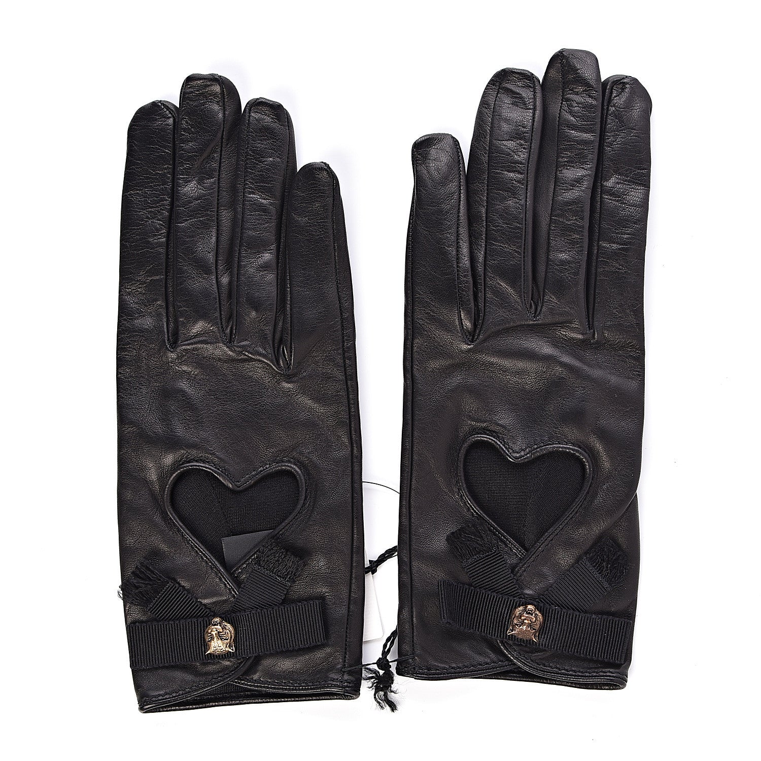 Gucci Nappa Feline Heart Grosgrain Gloves 8.5 Black 1 of 5