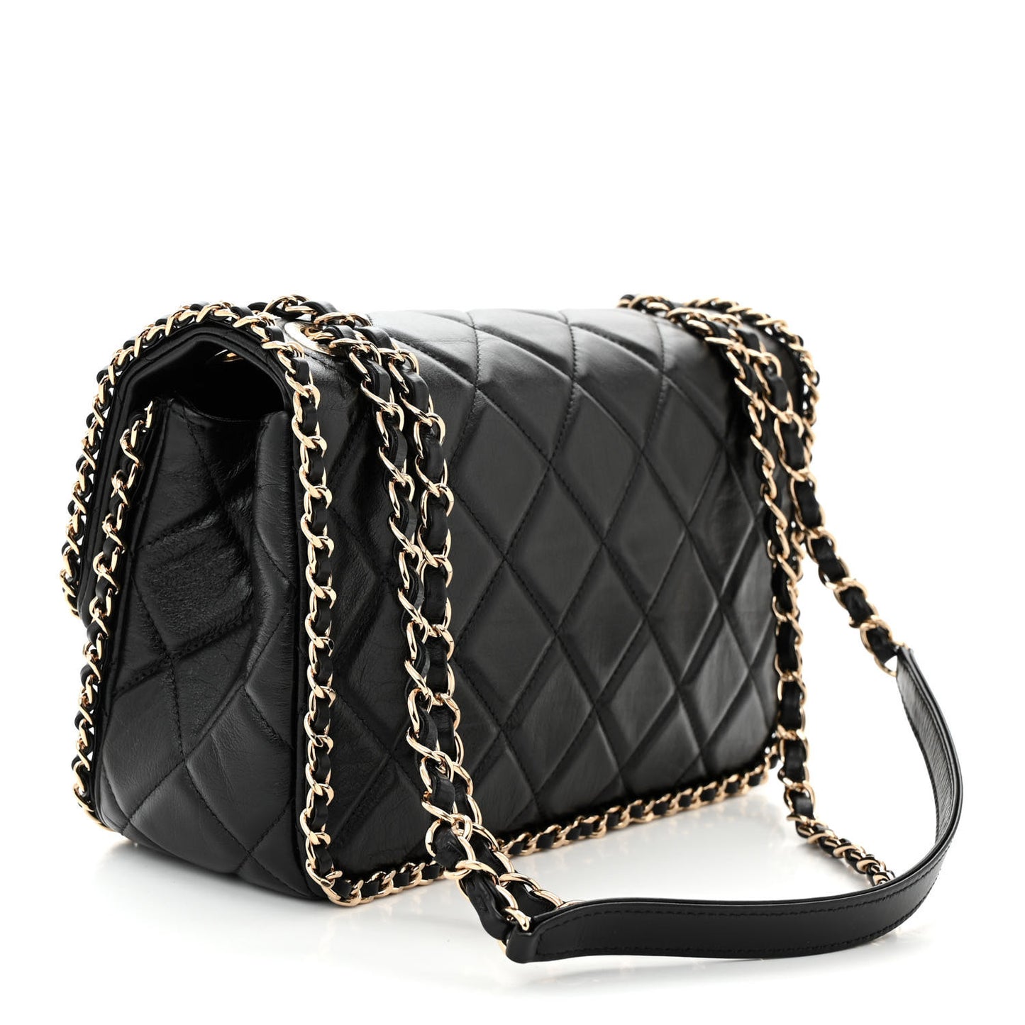Crumpled Calfskin Medium Chain All Over Flap Black