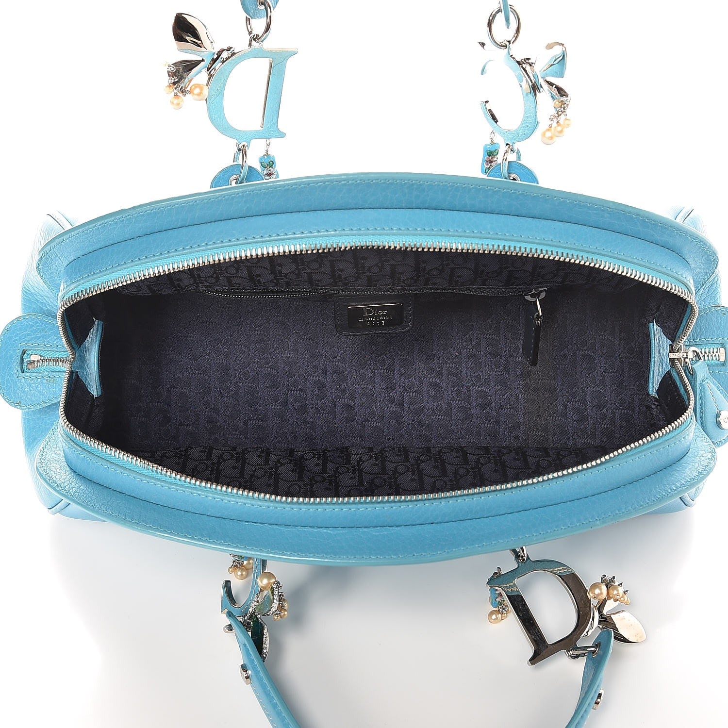 Christian Dior Calfskin Butterfly Pearls Frame Satchel Blue 5 of 11