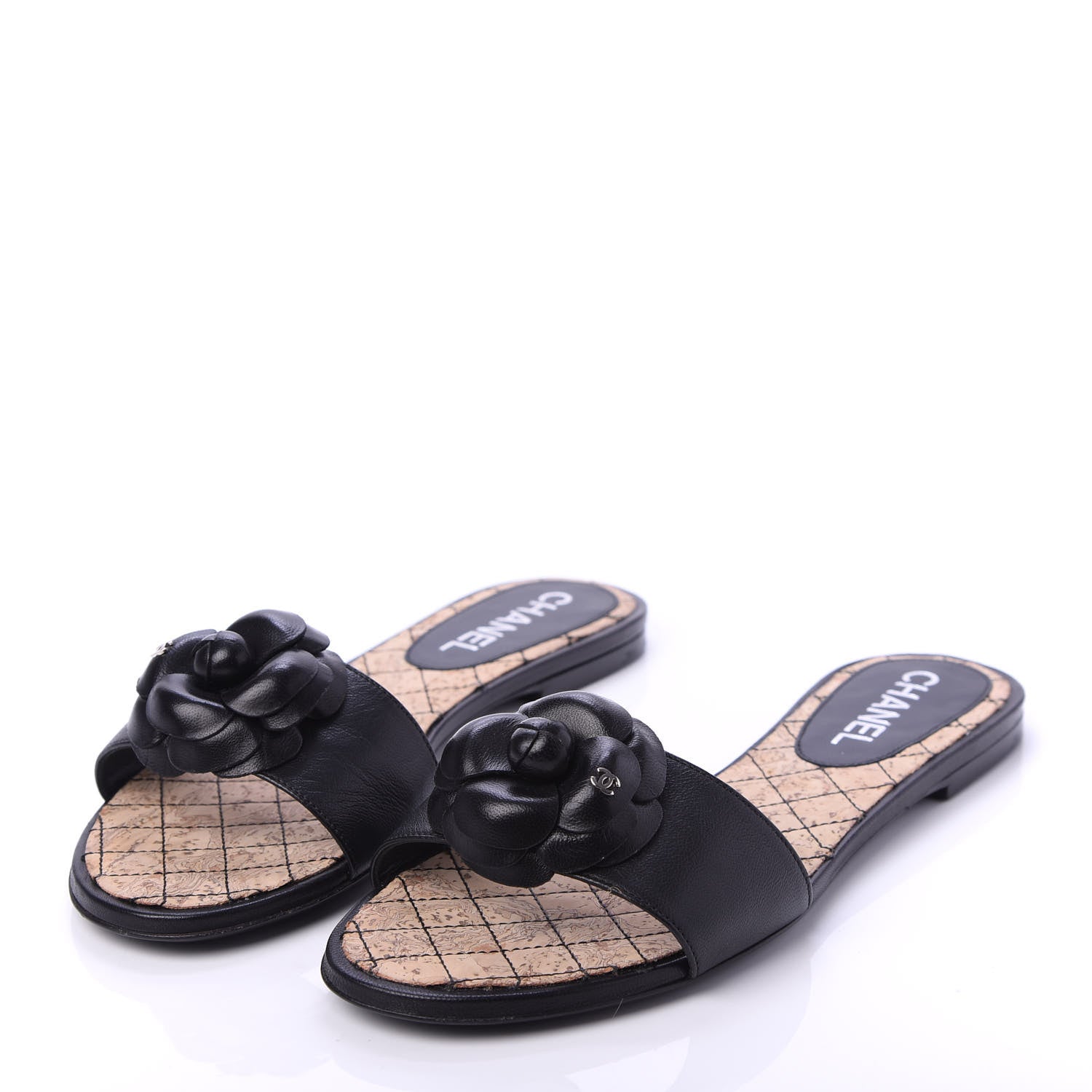Chanel Lambskin Cork Camellia Sandals 38.5 Black 3 of 9