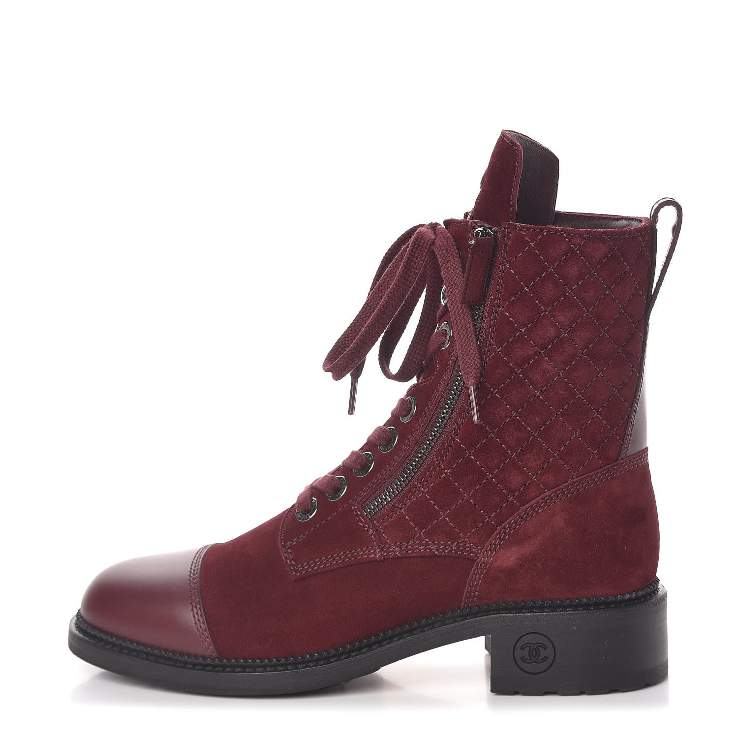 Chanel Suede Calfskin Quilted Lace Up Boots 39 Burgundy 1 of 9