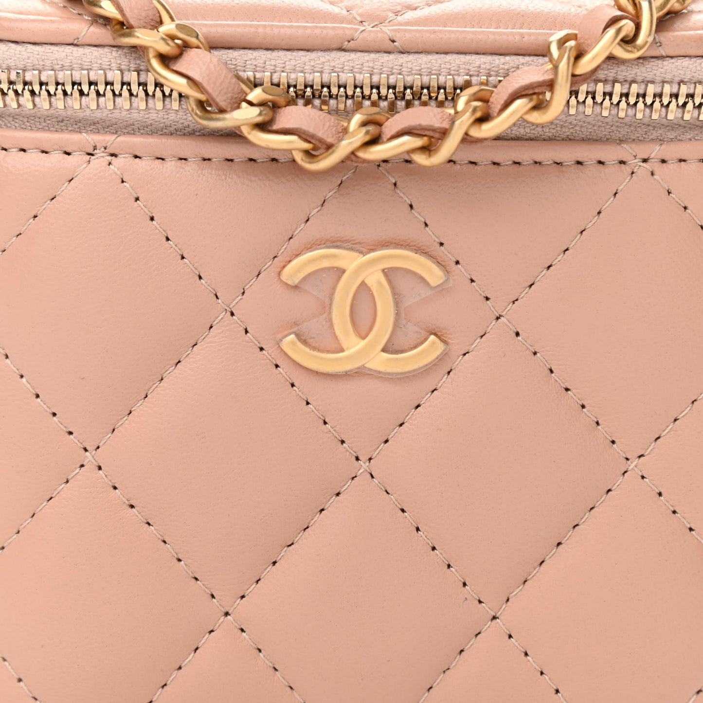 Lambskin Quilted Top Handle Mini Vanity Case With Chain Beige