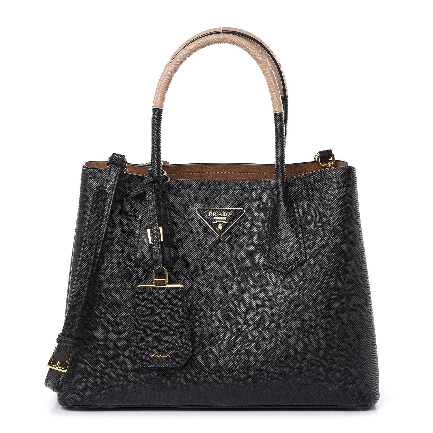 Prada Saffiano Cuir Small Bi-Color Double Bag Black Sabbia 1 of 10