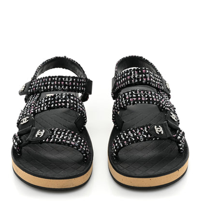 Chanel Tweed Lambskin Crystal CC Sandals 37 Black Multicolor 2 of 13