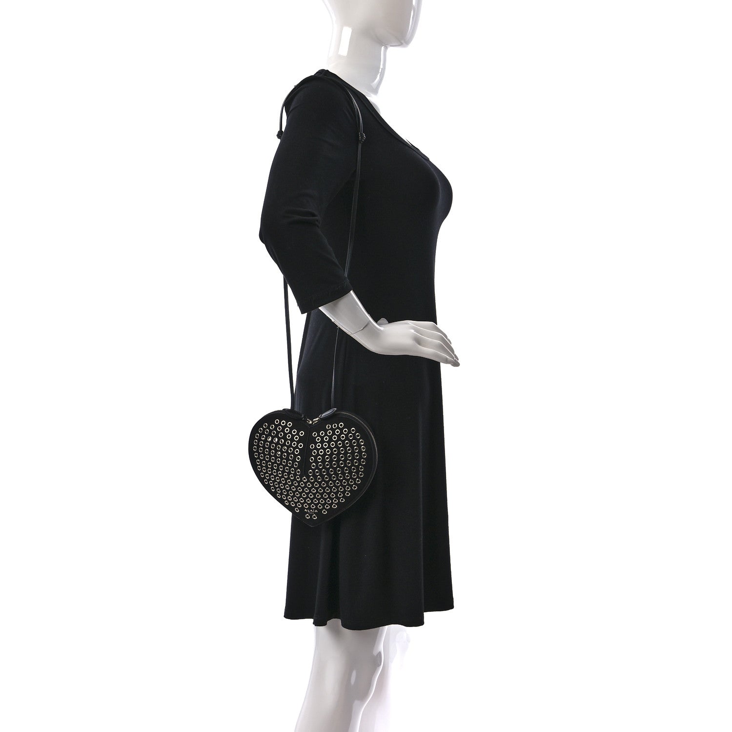 Alaia Suede Goatskin Grommet Studded Heart Shoulder Bag Black 3 of 9