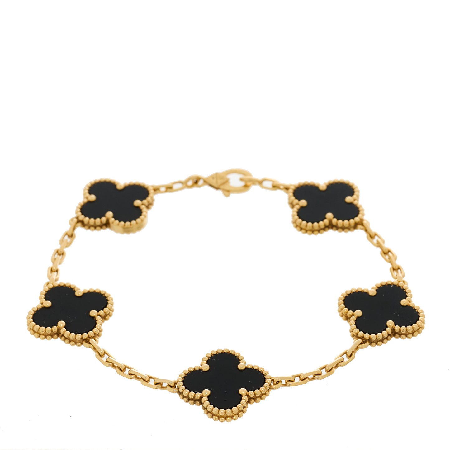 18K Yellow Gold Black Onyx 5 Motifs Vintage Alhambra Bracelet