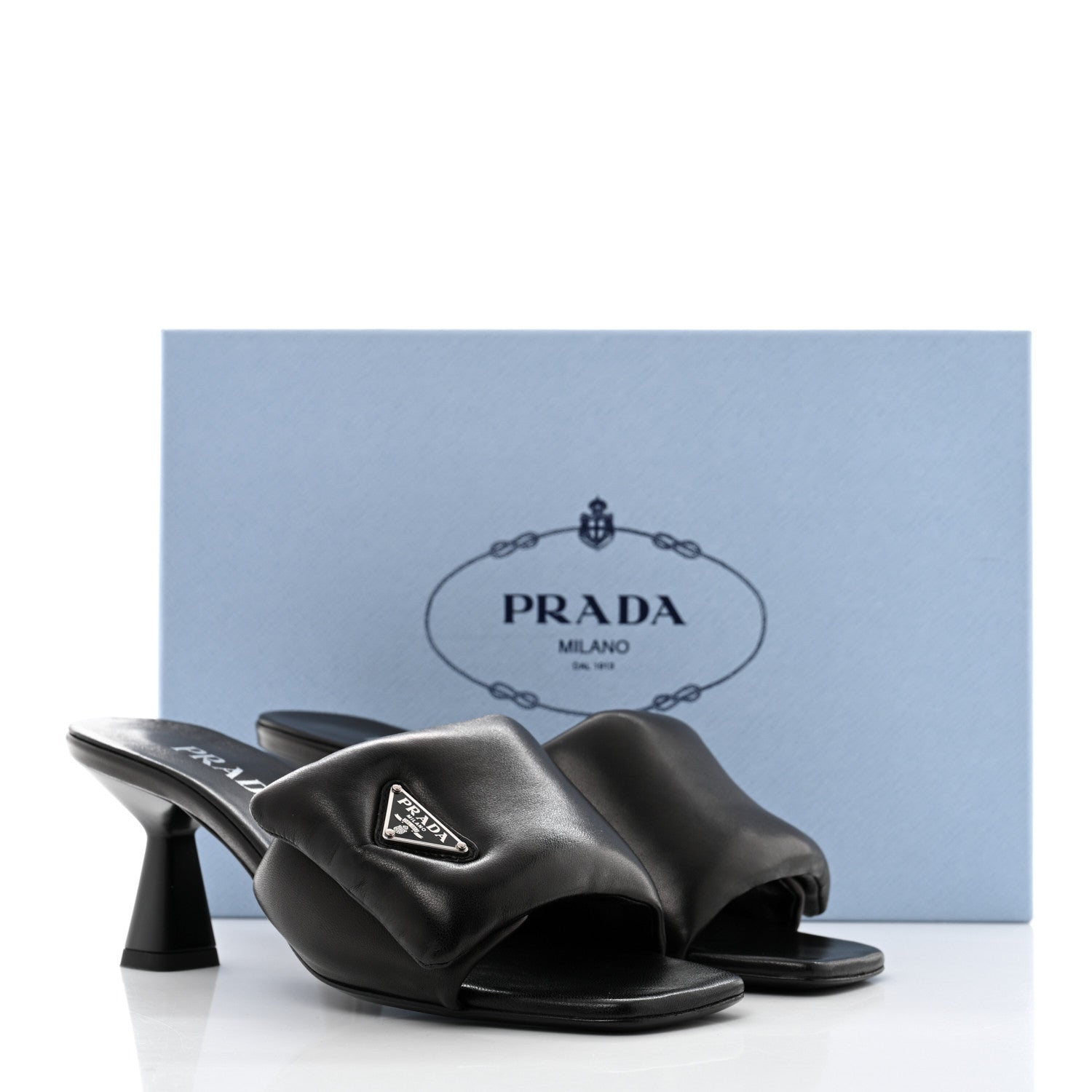 Prada Nappa Soft Padded Metal Triangle Logo 65mm Slide Sandals 37 Black 8 of 8