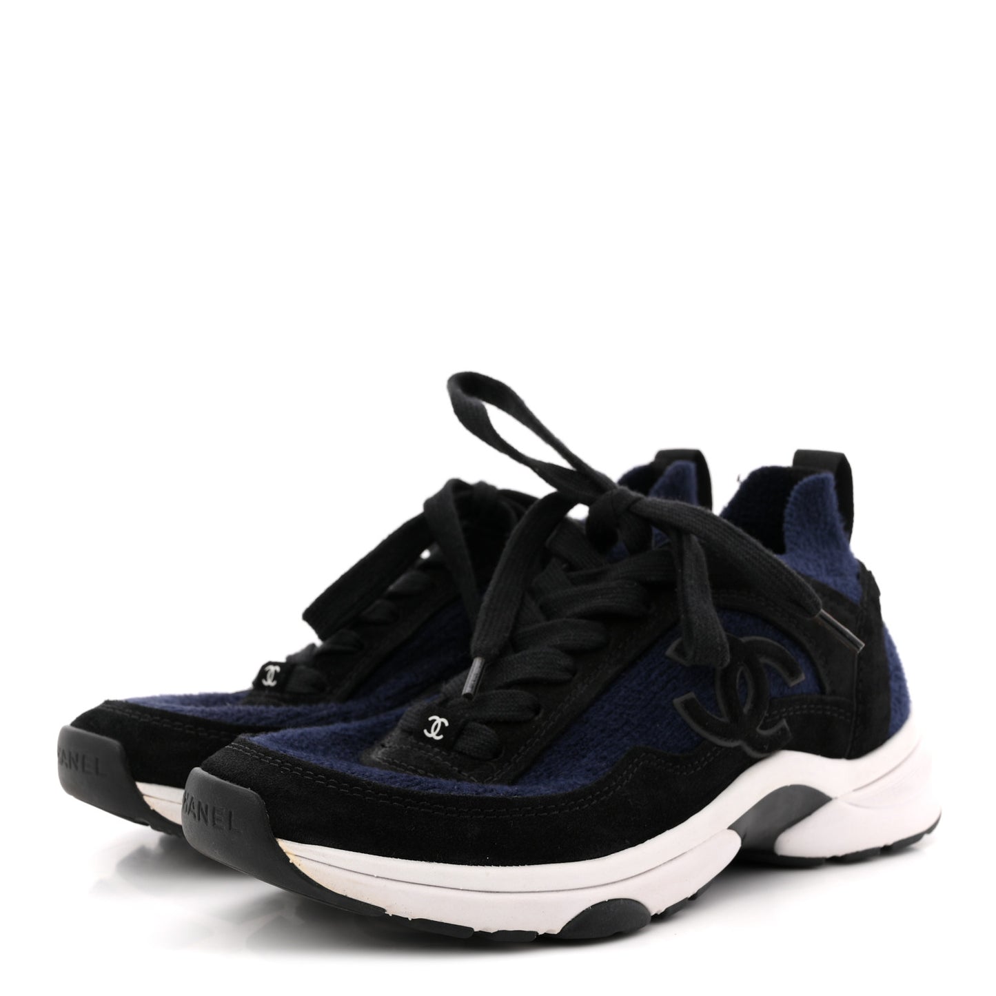 Knit Fabric Suede Calfskin Womens CC Sneakers 36 Navy Black