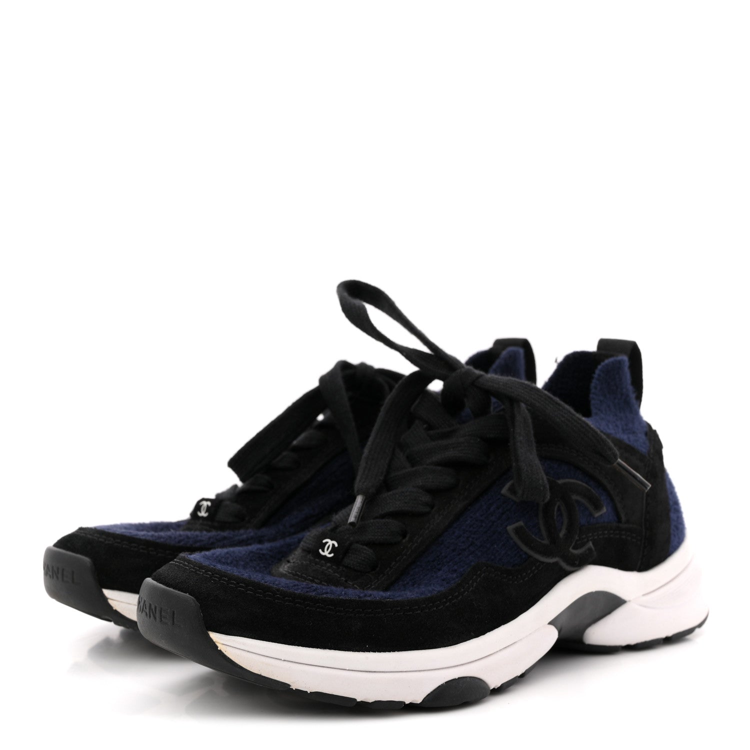 Chanel Knit Fabric Suede Calfskin Womens CC Sneakers 36 Navy Black 4 of 8