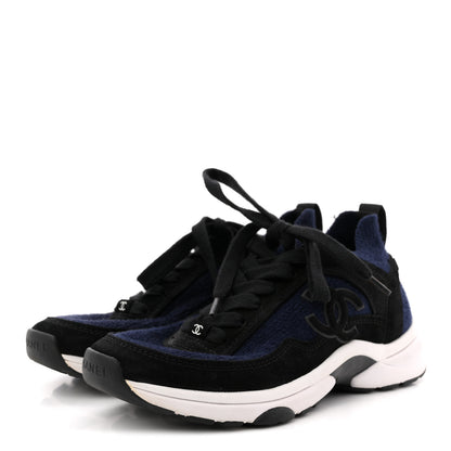 Chanel Knit Fabric Suede Calfskin Womens CC Sneakers 36 Navy Black 4 of 8