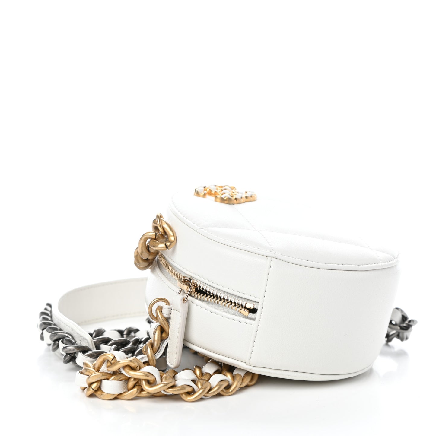 Goatskin Quilted Chanel 19 Round Clutch With Chain White