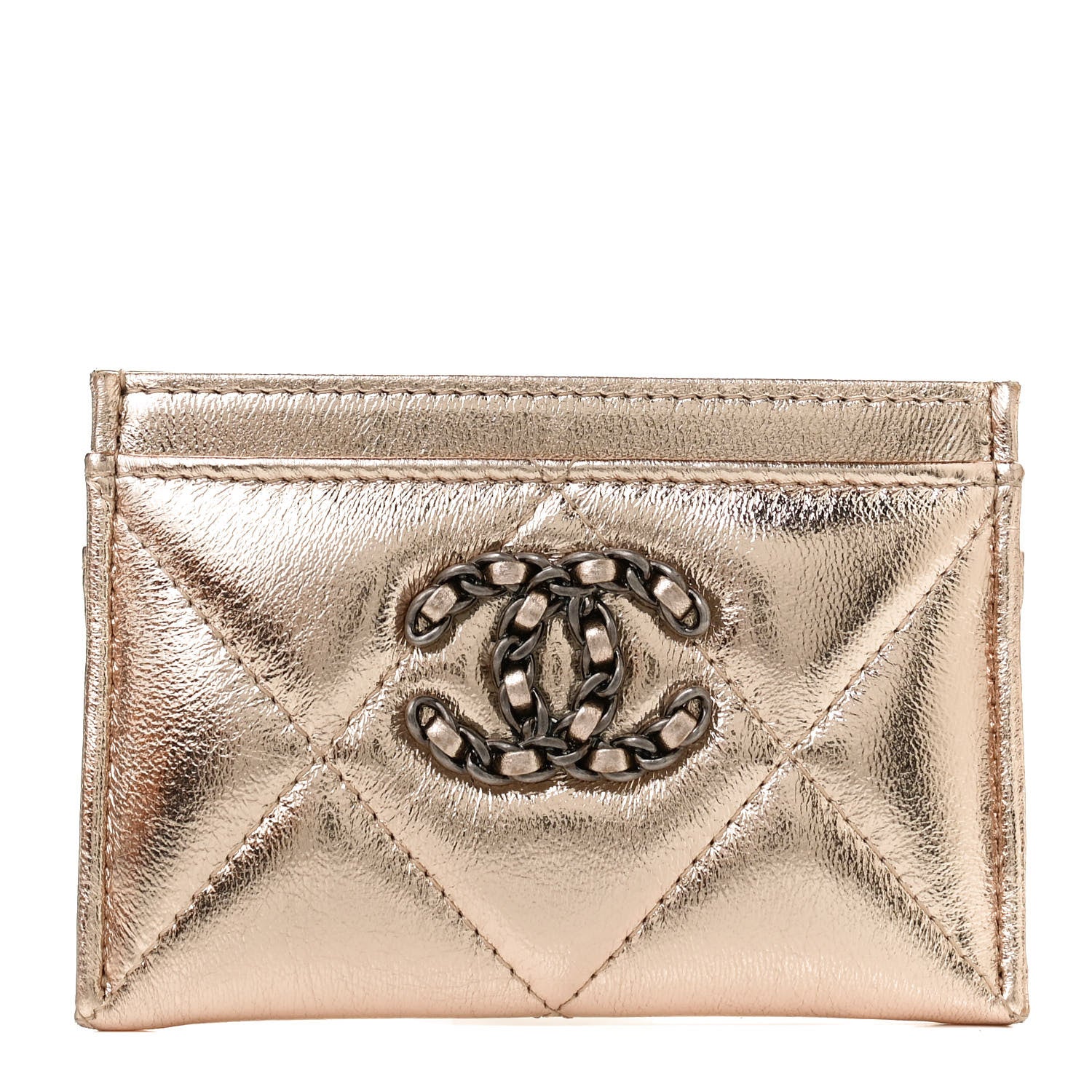 Chanel Metallic Lambskin Quilted Chanel 19 Card Holder Gold 1 of 9