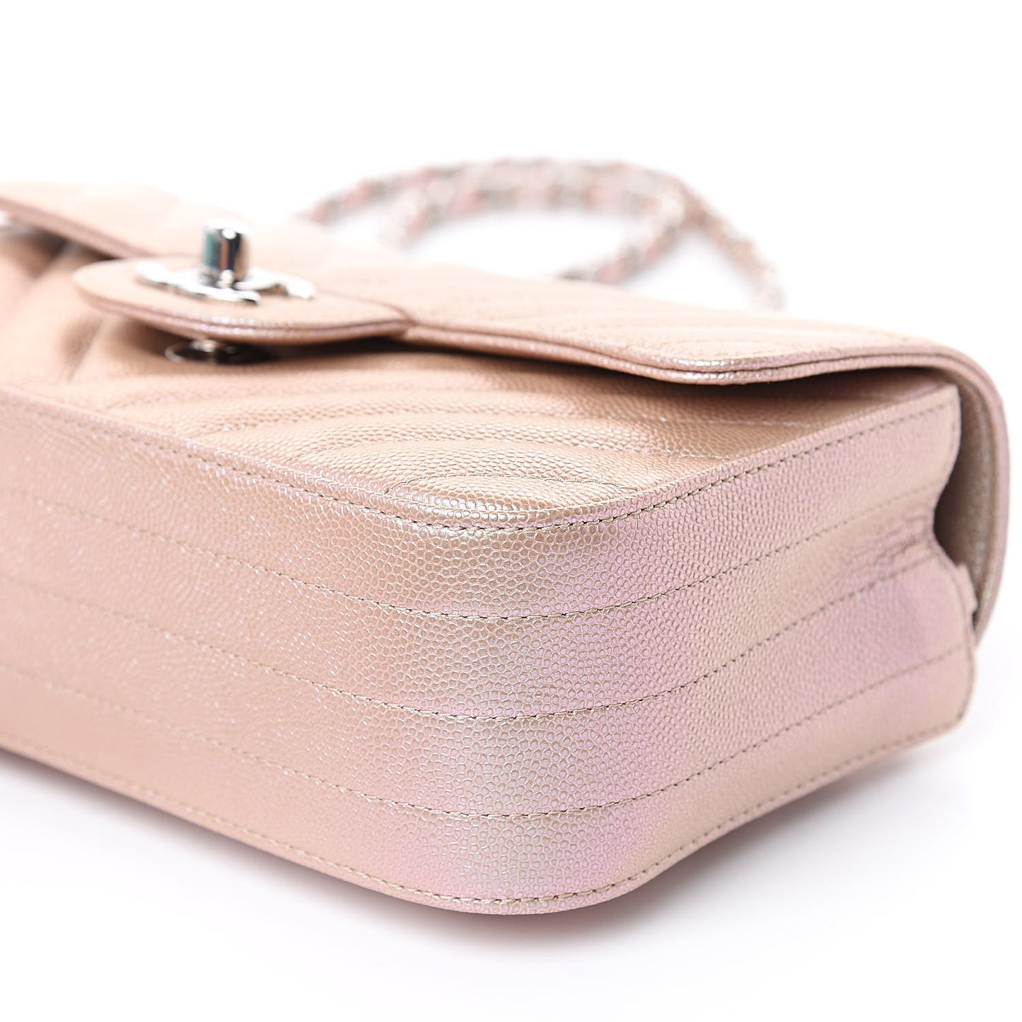 Iridescent Caviar Chevron Quilted Mini Rectangular Flap Light Gold