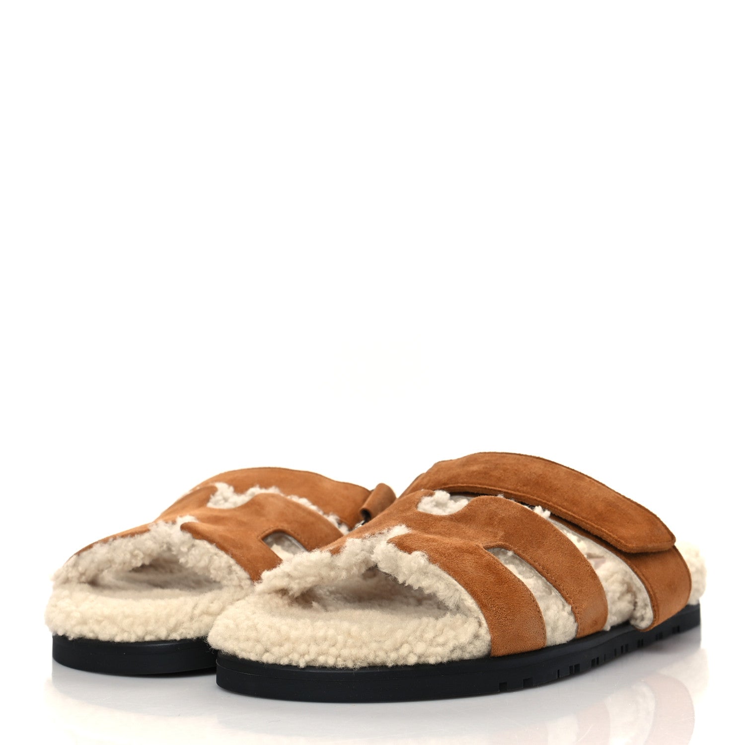 Hermes Suede Goatskin Woolskin Womens Chypre Sandals 38 Brun Fume Ecru 3 of 8