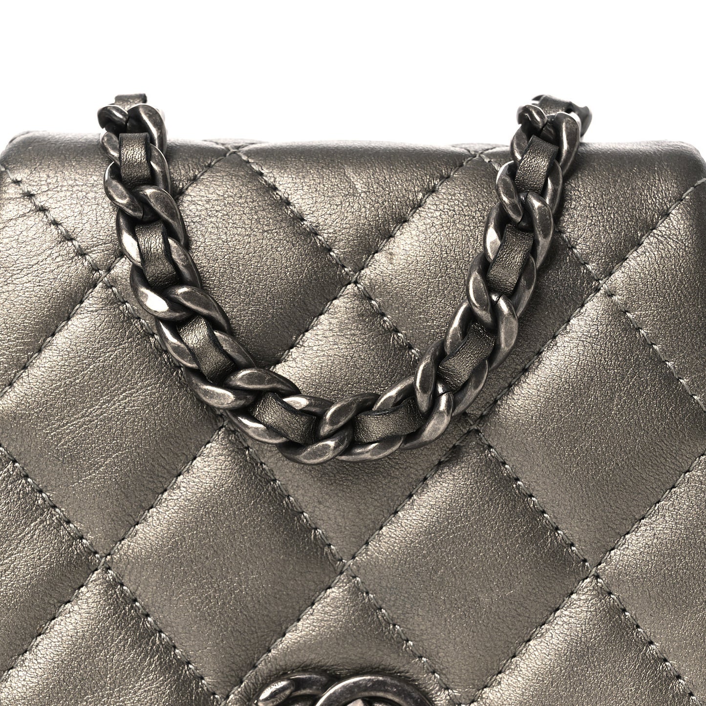 Metallic Calfskin Quilted Mini Coco Mail Clutch Ruthenium