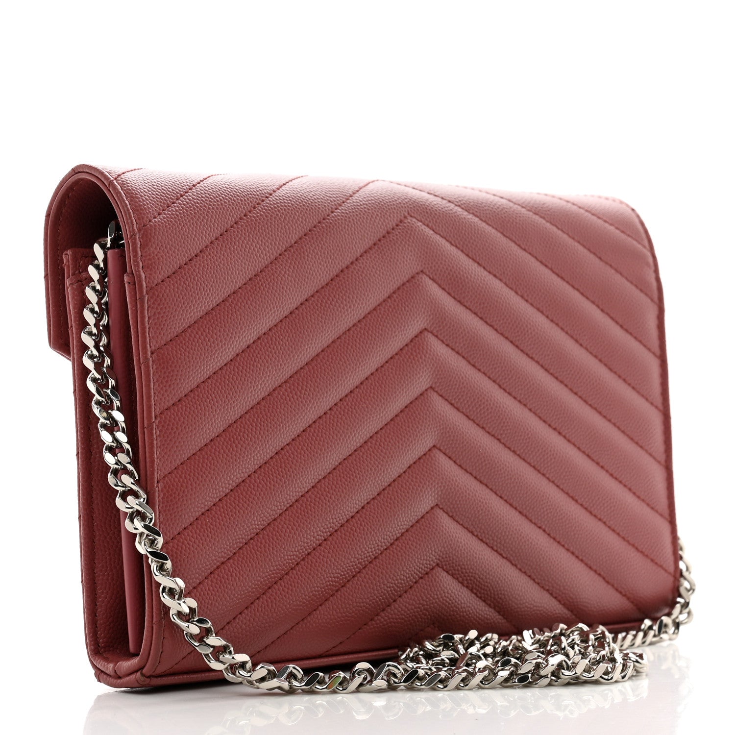 Saint Laurent Grain De Poudre Matelasse Chevron Monogram Chain Wallet Blush Fonce 3 of 9