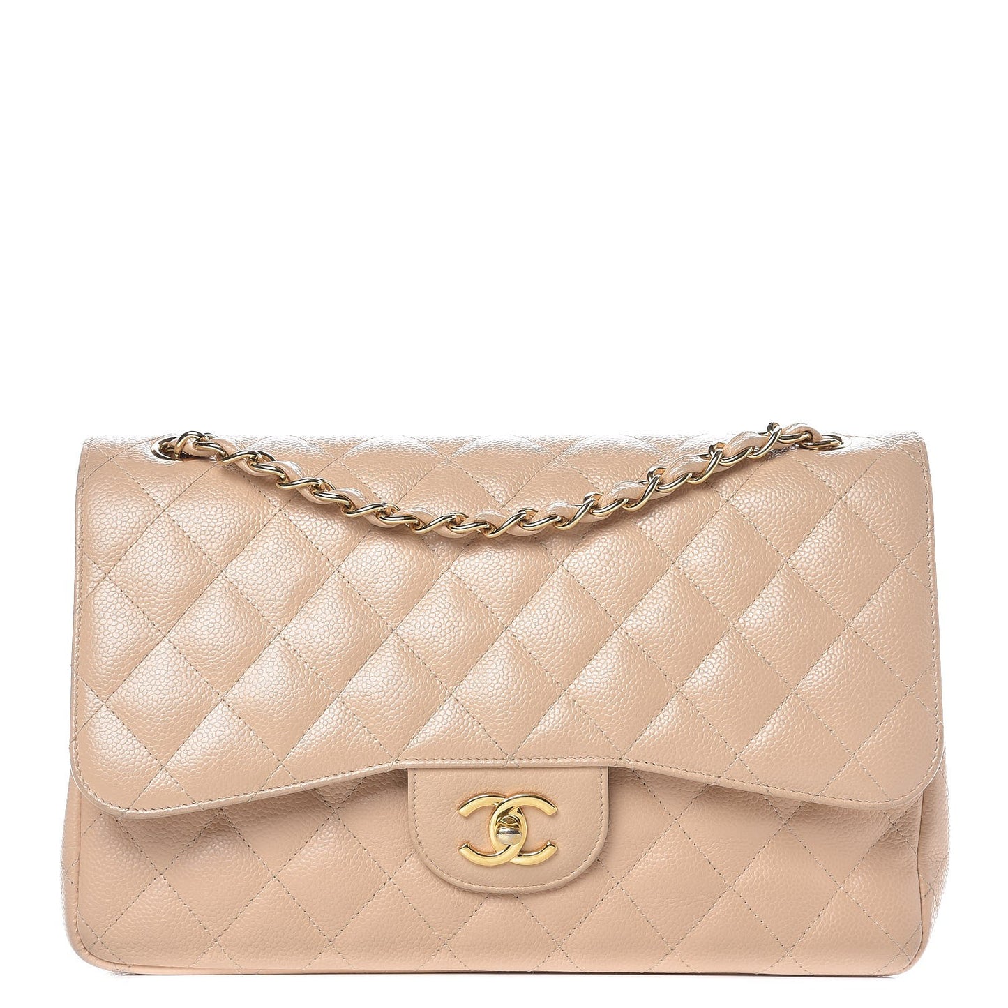 Caviar Quilted Jumbo Double Flap Beige Clair
