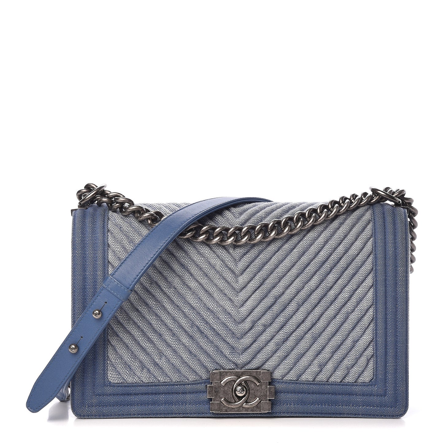 Denim Chevron Quilted New Medium Boy Flap Blue