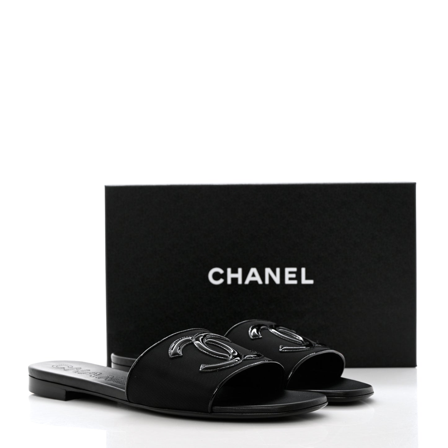 Mesh Patent Calfskin CC Mules 39.5 Black