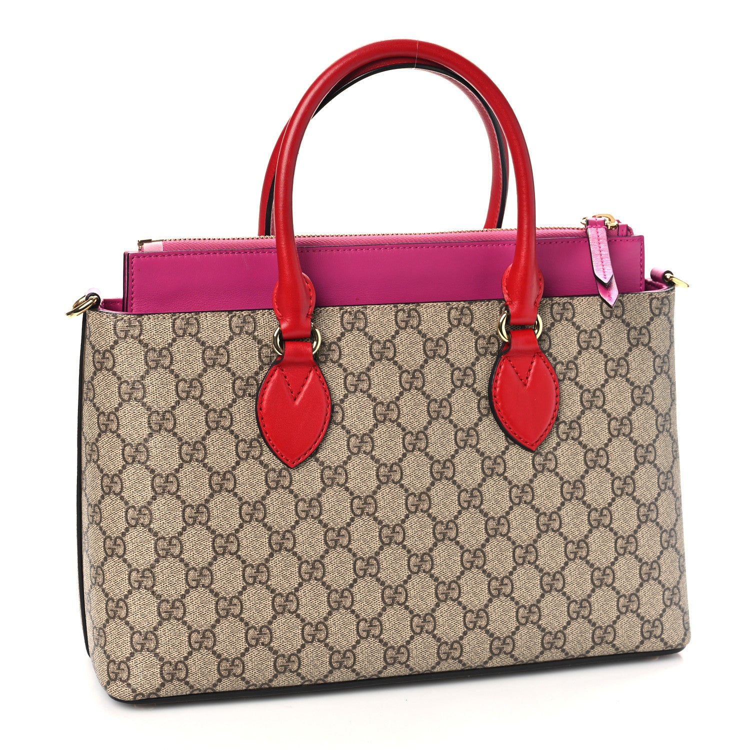Gucci GG Supreme Monogram Moon Calfskin Small Zip Top Tote Beige Ebony Hibiscus Red New Rosette 3 of 9