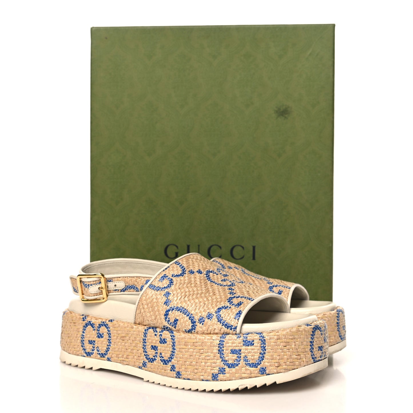 Raffia GG Monogram Granada Kid Angelina Platform 35mm Slingback Sandals 37.5 Natural Royale Mystic White