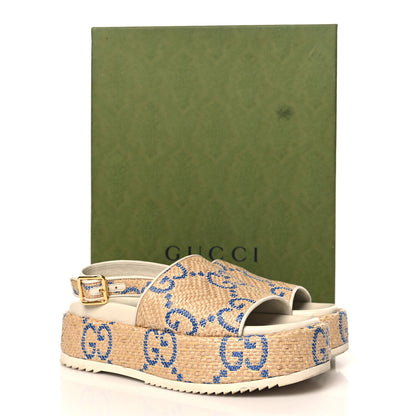 Gucci Raffia GG Monogram Granada Kid Angelina Platform 35mm Slingback Sandals 37.5 Natural Royale Mystic White 10 of 10
