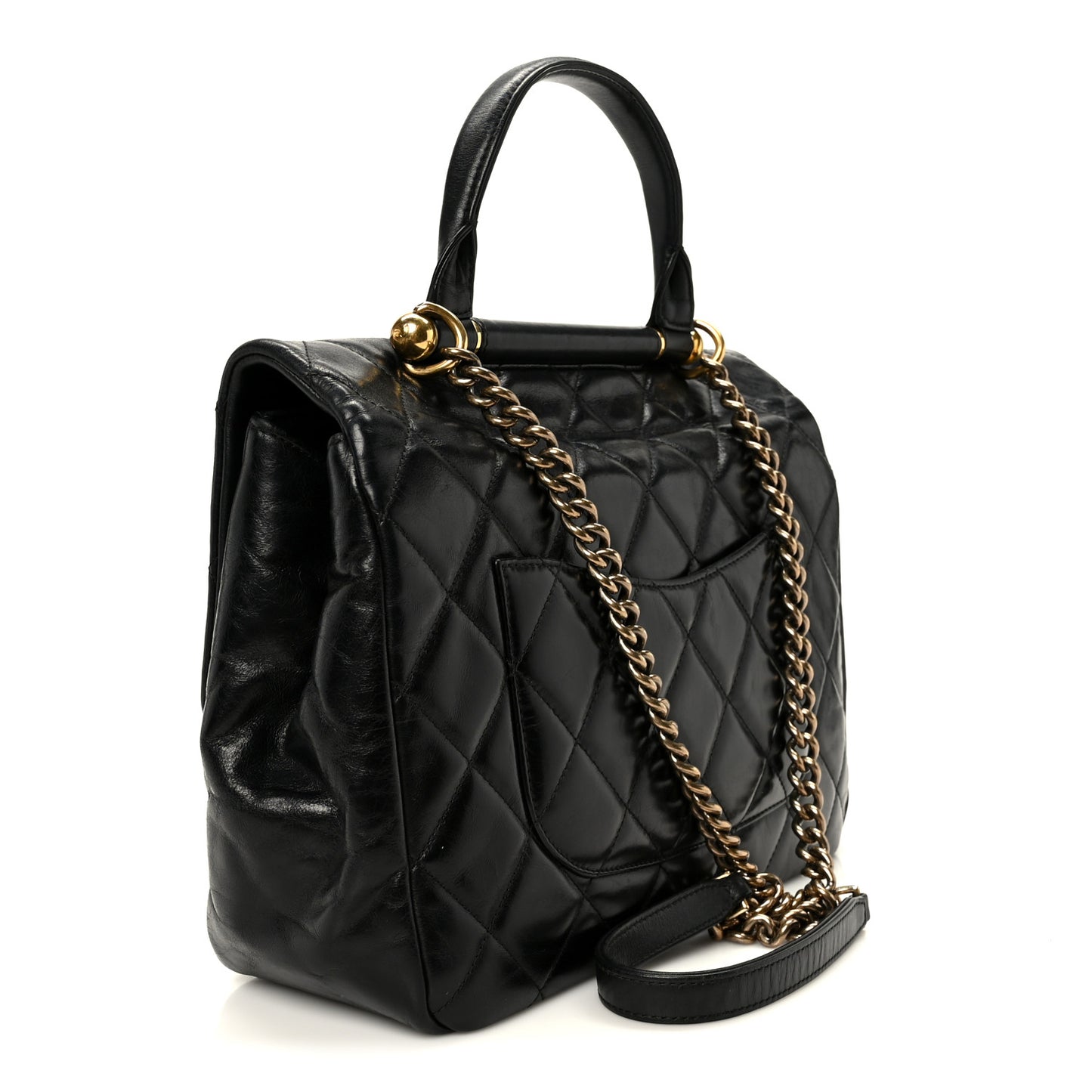 Glazed Calfskin Quilted Large Gold Bar Top Handle Flap Black