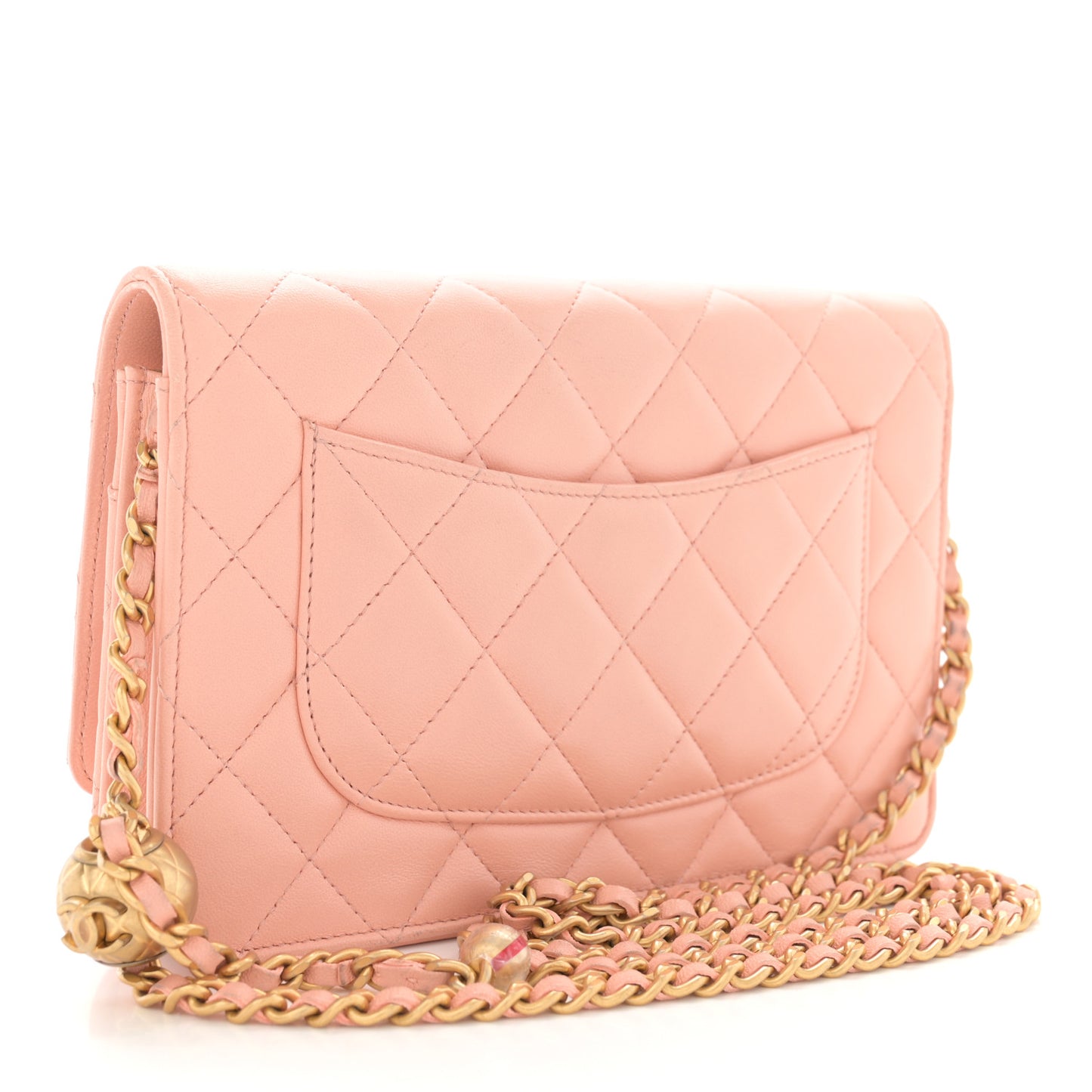 Lambskin Quilted CC Pearl Crush Wallet on Chain WOC Light Orange