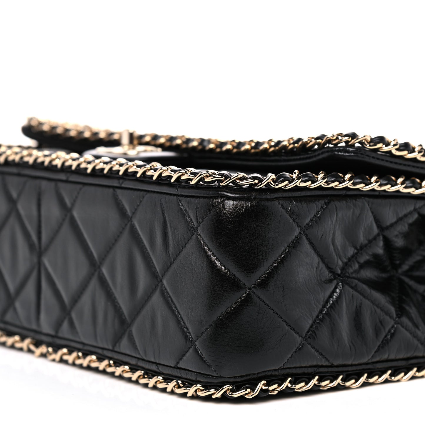 Crumpled Calfskin Quilted Large Chain All Over Flap Bag Black