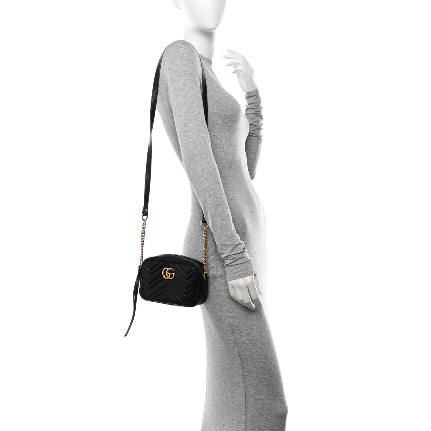 Gucci Calfskin Matelasse Mini GG Marmont Chain Shoulder Bag Black 2 of 17