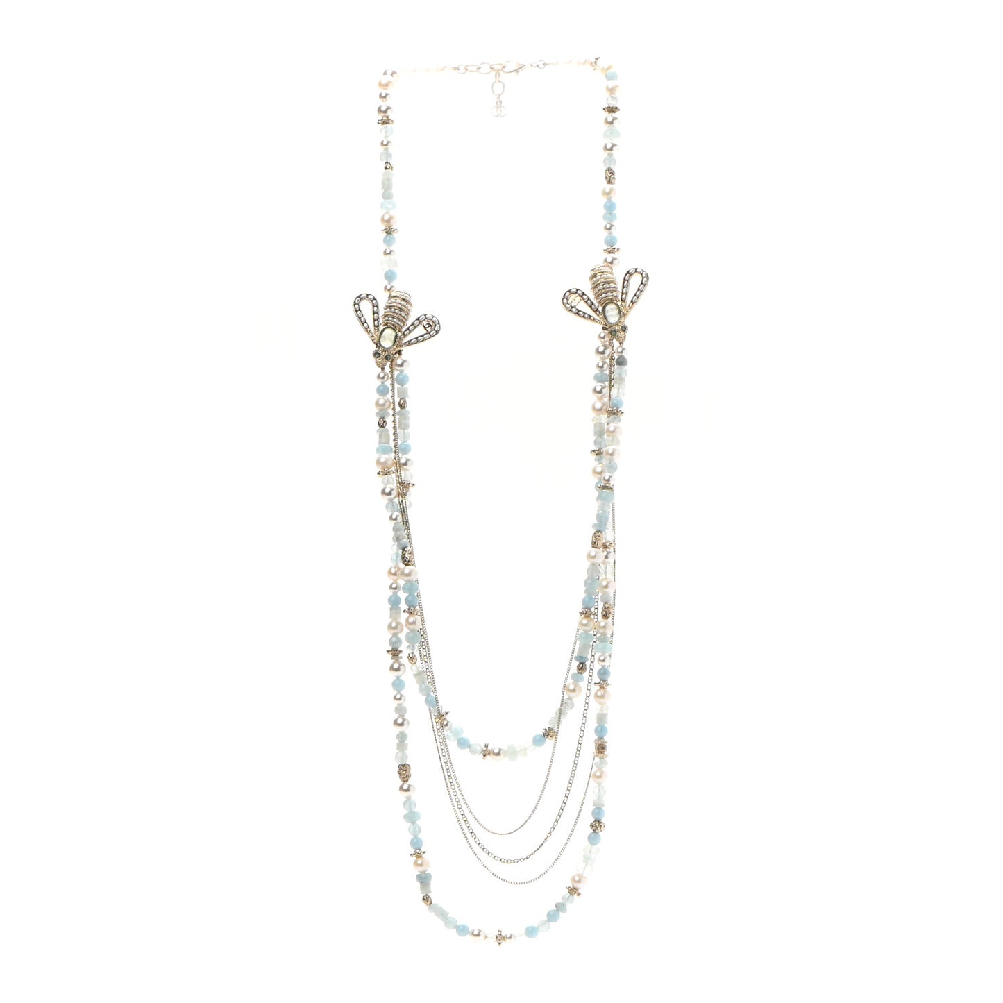 Beaded Pearl Crystal CC Bee Long Multi Strand Necklace Gold Blue
