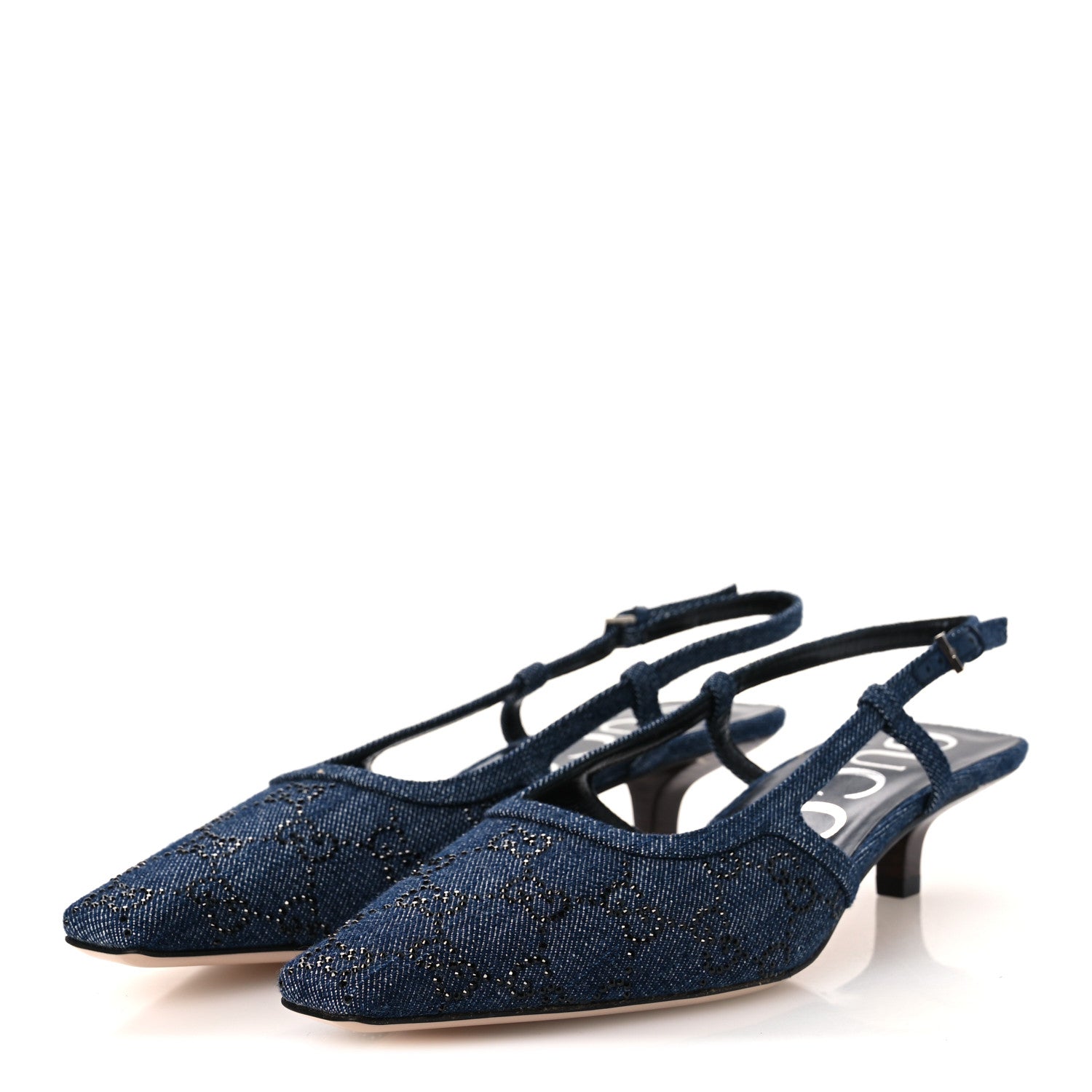 Gucci Denim GG Monogram Malaga Kid Crystal Square G 35mm Slingback Pumps 38 Blue 4 of 11