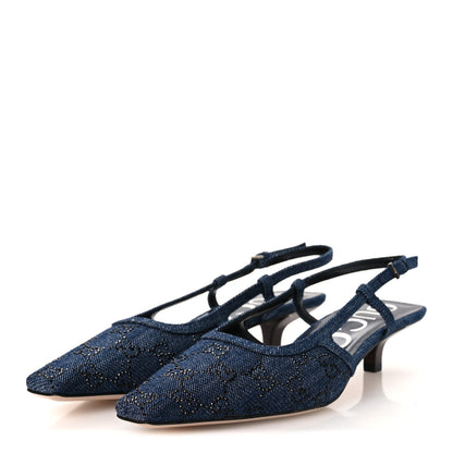 Gucci Denim GG Monogram Malaga Kid Crystal Square G 35mm Slingback Pumps 38 Blue 4 of 11