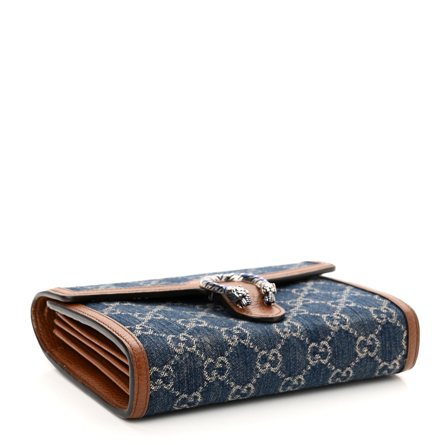 New Denim GG Monogram Dollar Calfskin Enamel Mini Dionysus Chain Wallet Blue Tea Cuir Epilog Electric Blue