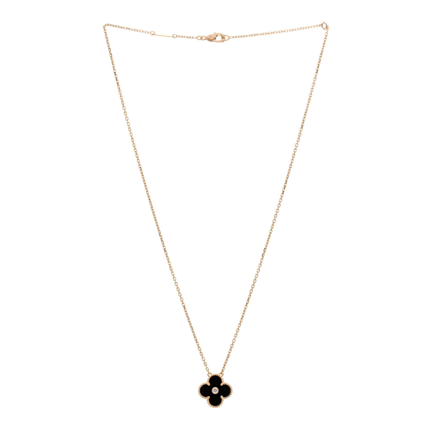 18K Rose Gold Diamond Black Onyx Vintage Alhambra Pendant Necklace
